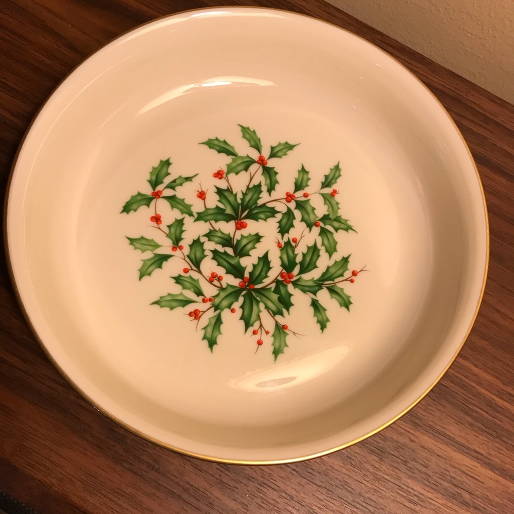 Lenox Round Holliday Vintage Candy Dish with green holly & red berries